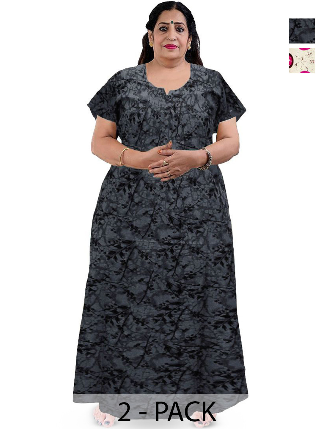 PR PINK ROYAL Women Plus Size Pack Of 2 Pure Cotton Printed Maxi Nightdress