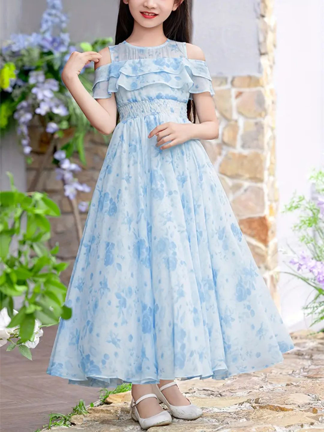BAESD Floral Printed Ruffled Satin Maxi Dress