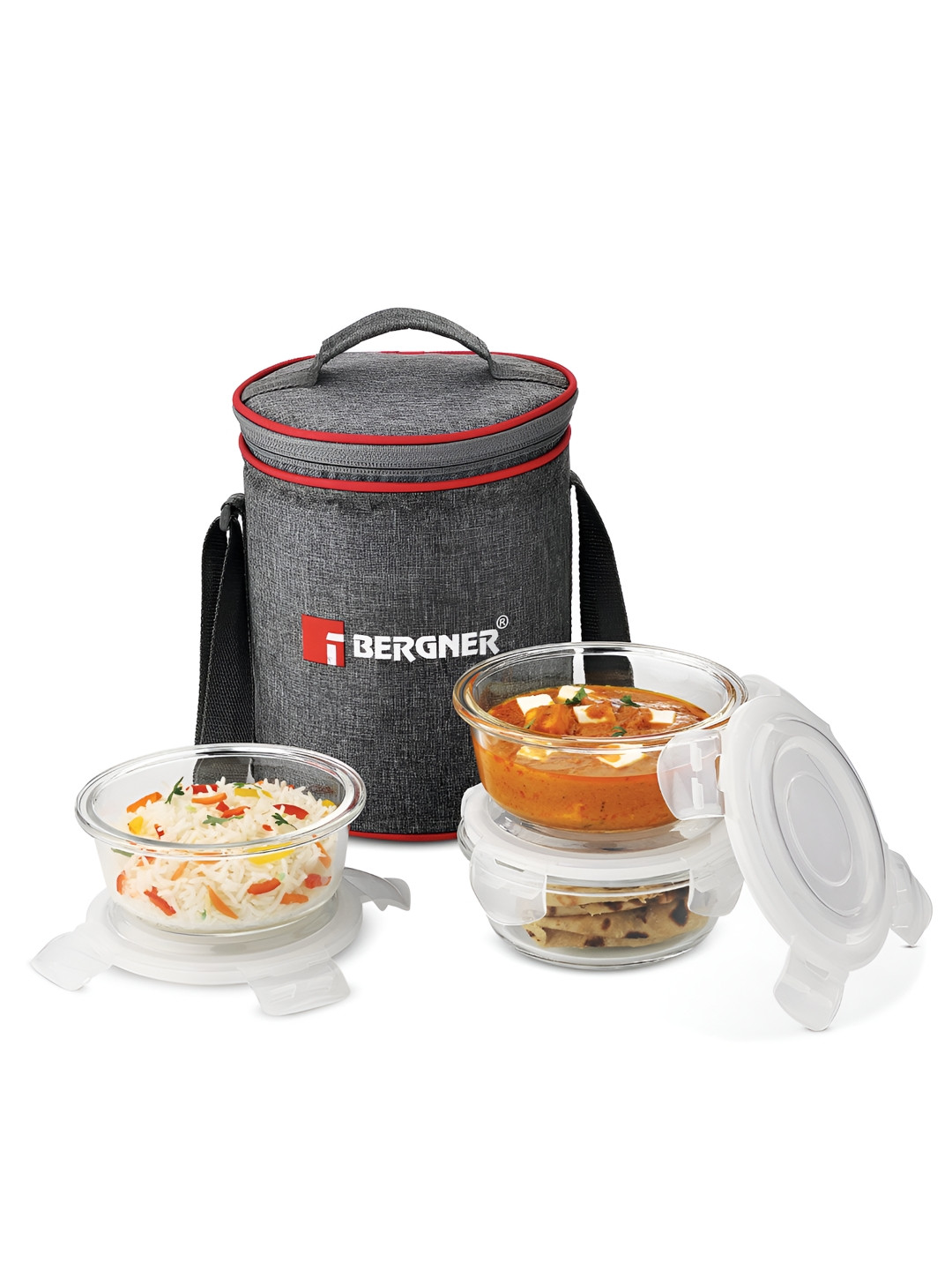 BERGNER Fresh Transparent Solid Glass Microwave Safe 3PCs Lunch Box With Spoon and Fork