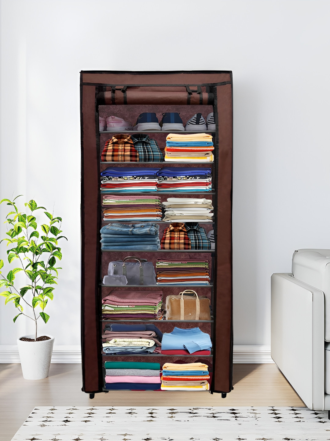 Rmerchants Brown 9 Tiers Collapsible Wardrobe