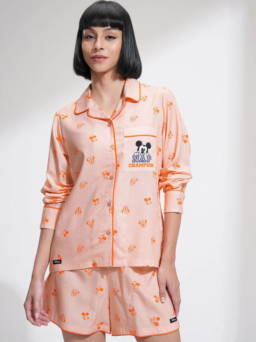 Tokyo Talkies Peach Mickey Mouse & Friends Printed Shirt Collar Night suit