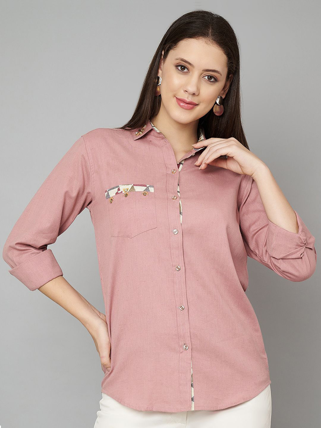 JAPER KURTI Women Comfort Fit Spread Collar Solid Cotton Formal Shirt