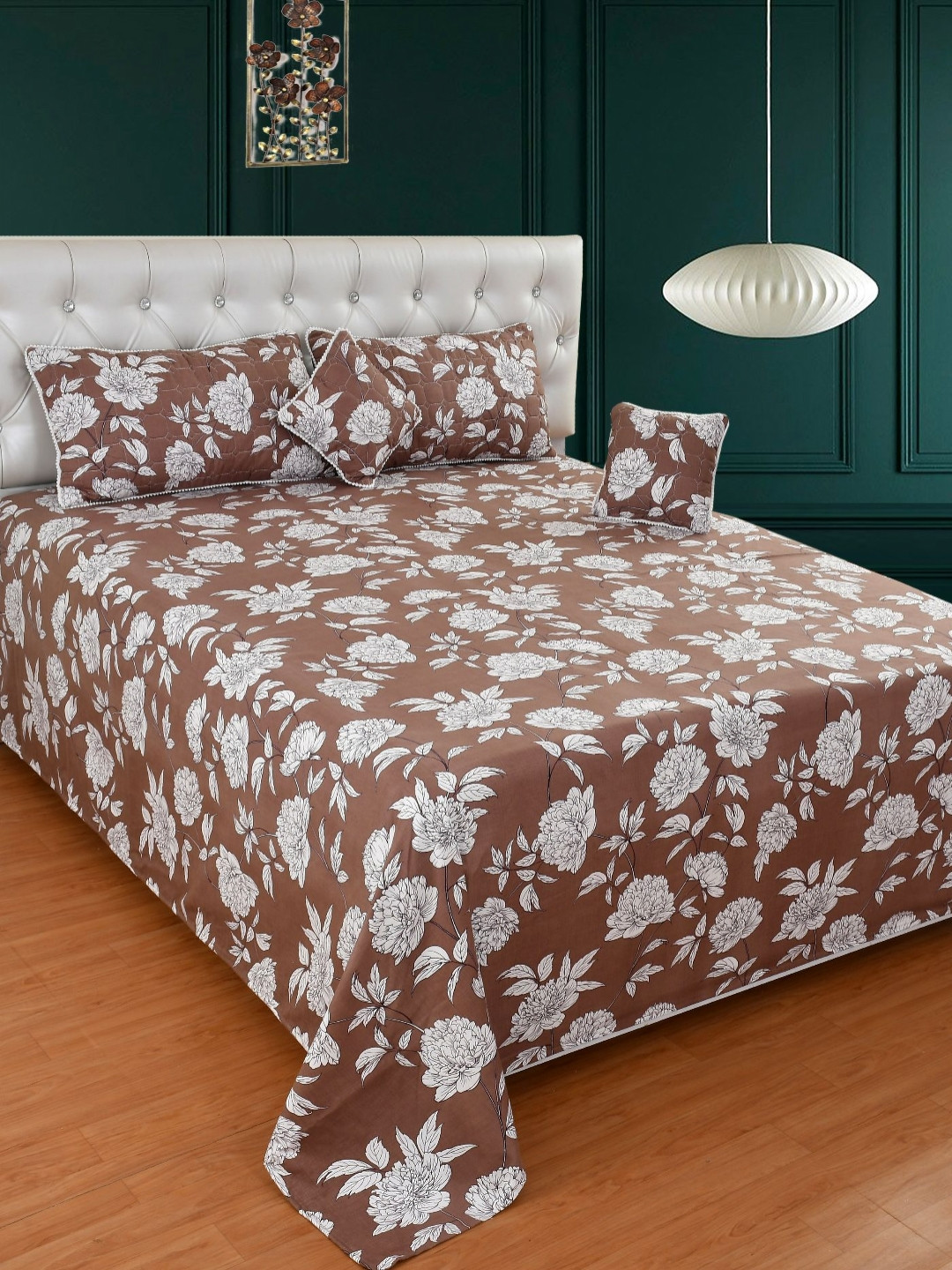 MORADO Coffee Brown & White Floral Printed Summer Double King Fine Bedding Set