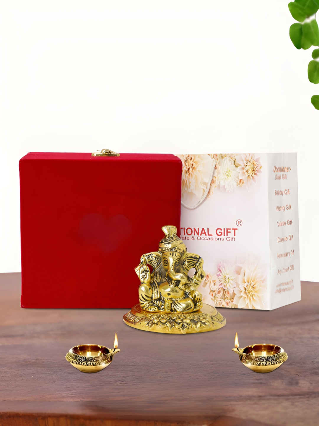 INTERNATIONAL GIFT Pagdi Ganesh with Diya Gold Metal Metallic Prayer Room Set of 3 Small Showpieces - 3 Inches