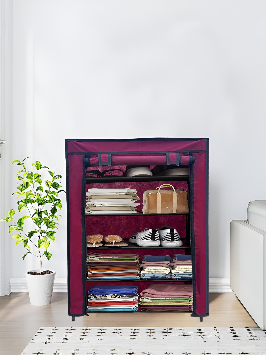 Rmerchants Maroon 5 Tiers Collapsible Wardrobe