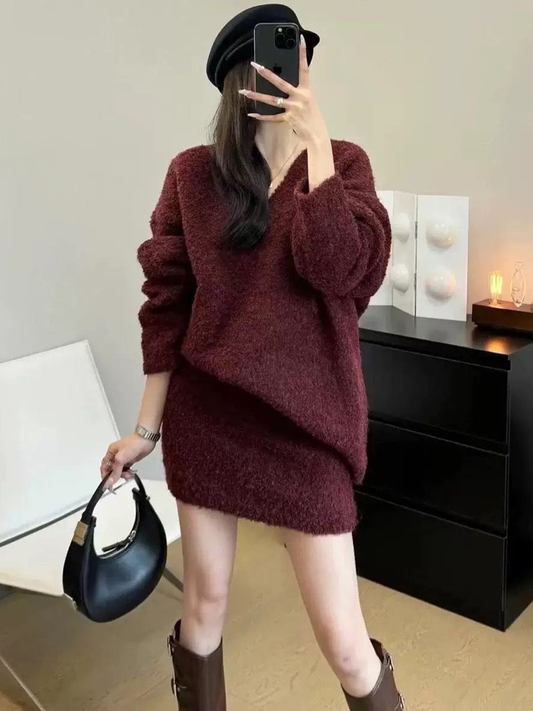 Miss Mosa By Akanksha  Maroon Bosco Winter Woollen Co-Ords Set-Set Of Sweater And Skirt