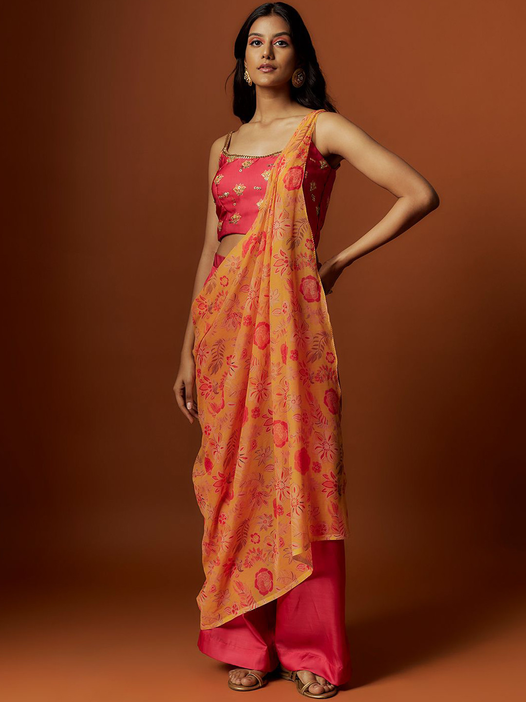Mystake By Meghna Shah Embroidered Round Neck Cropped Top With Palazzos Drape Dupatta