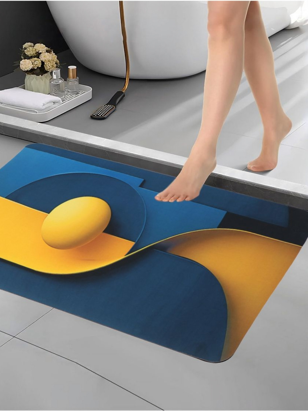 Aura Blue & Yellow Printed Anti Skid Bath Rug