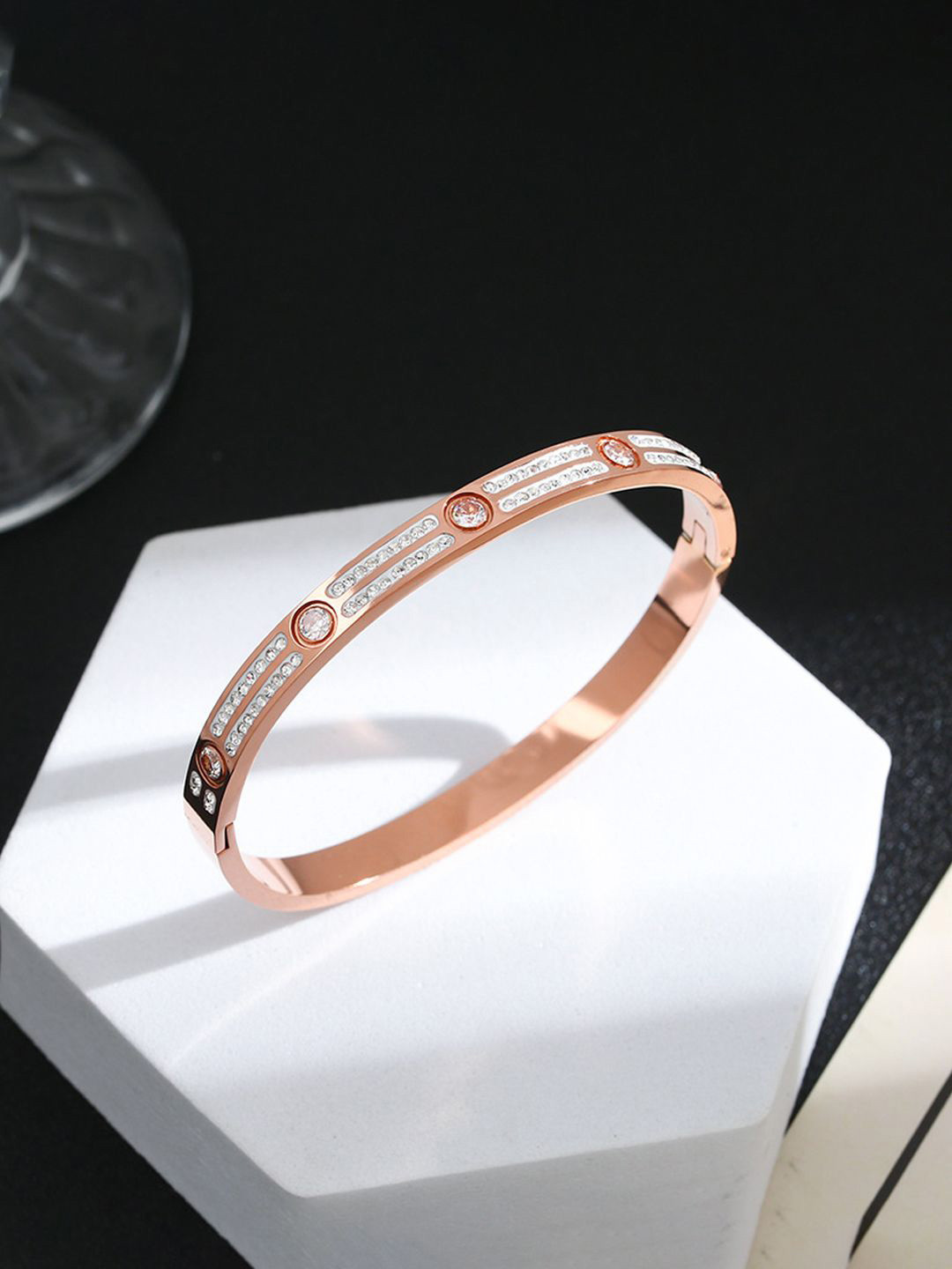 Jewels Galaxy Rose Gold-Plated American Diamonds Studded Bangle-Style Bracelet