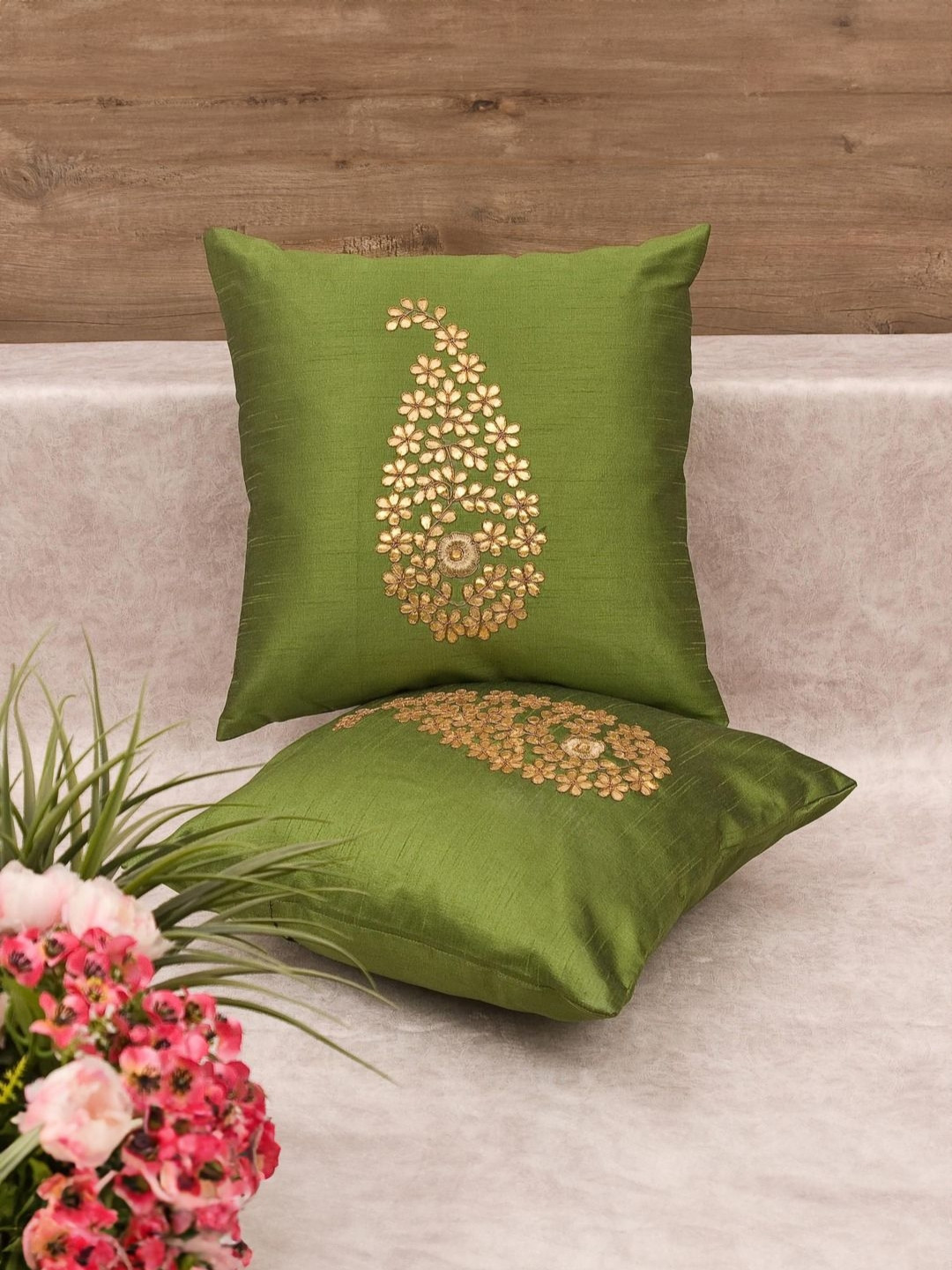 RoyalDeco Olive Paisley Silk Breathable 2 Pcs Embroidered Square Cushion Covers -12x12In
