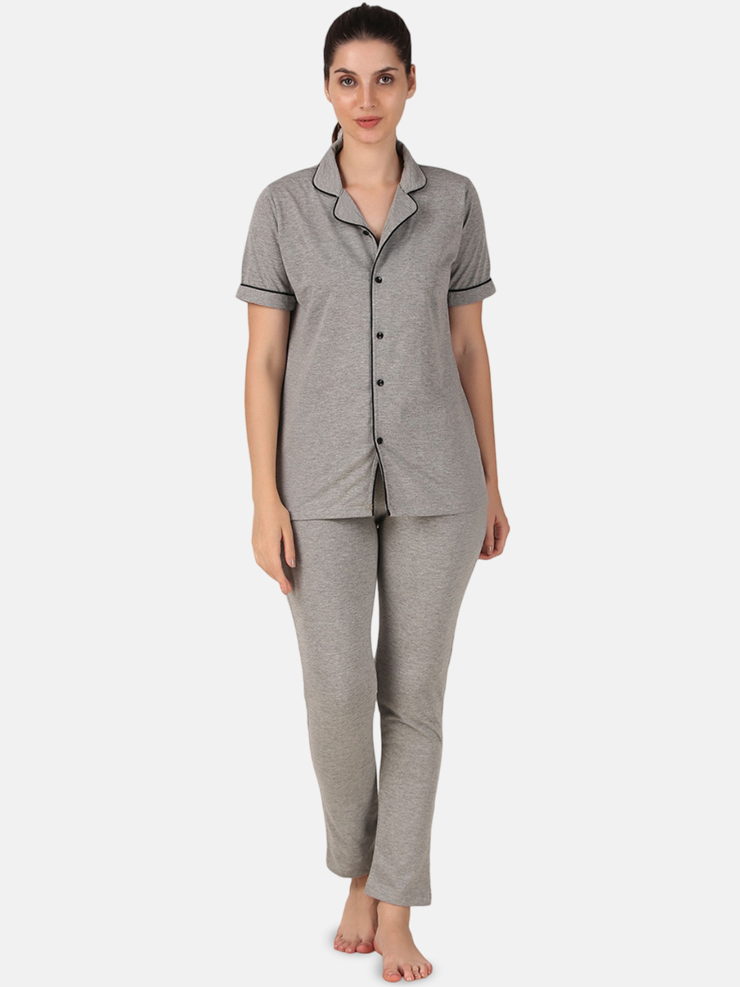 BENZOS Women Lapel Collar Shirt and Pyjamas Night Suits