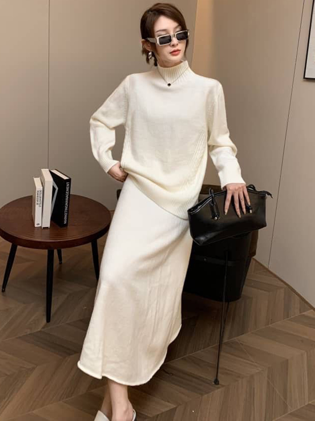 Miss Mosa By Akanksha  Off White Cassidy Winter Co-Ord Set - Set of Sweater And Skirt