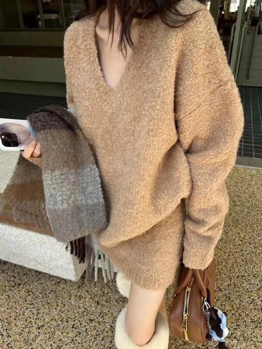 Miss Mosa By Akanksha  Brown Bosco Winter Woollen Co-Ords Set-Set Of Sweater And Skirt