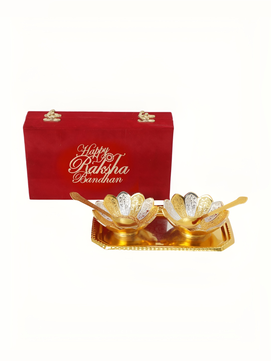 INTERNATIONAL GIFT 5-Pcs Gold & Silver Bowl Set With Tray Spoons Velvet Box & Bag