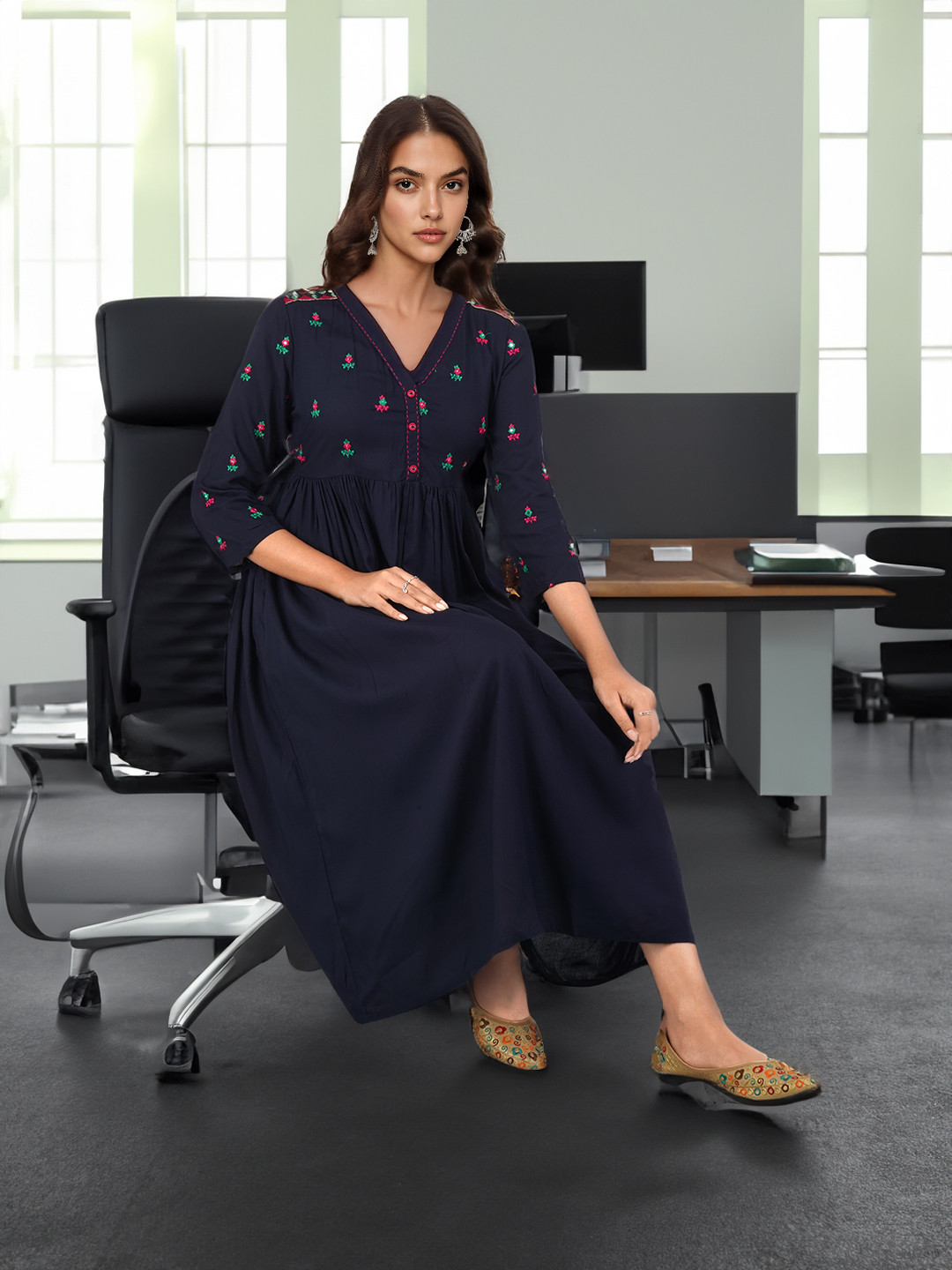 Sangria Midi Mirror-Work Detailed Ethnic A-Line Dress
