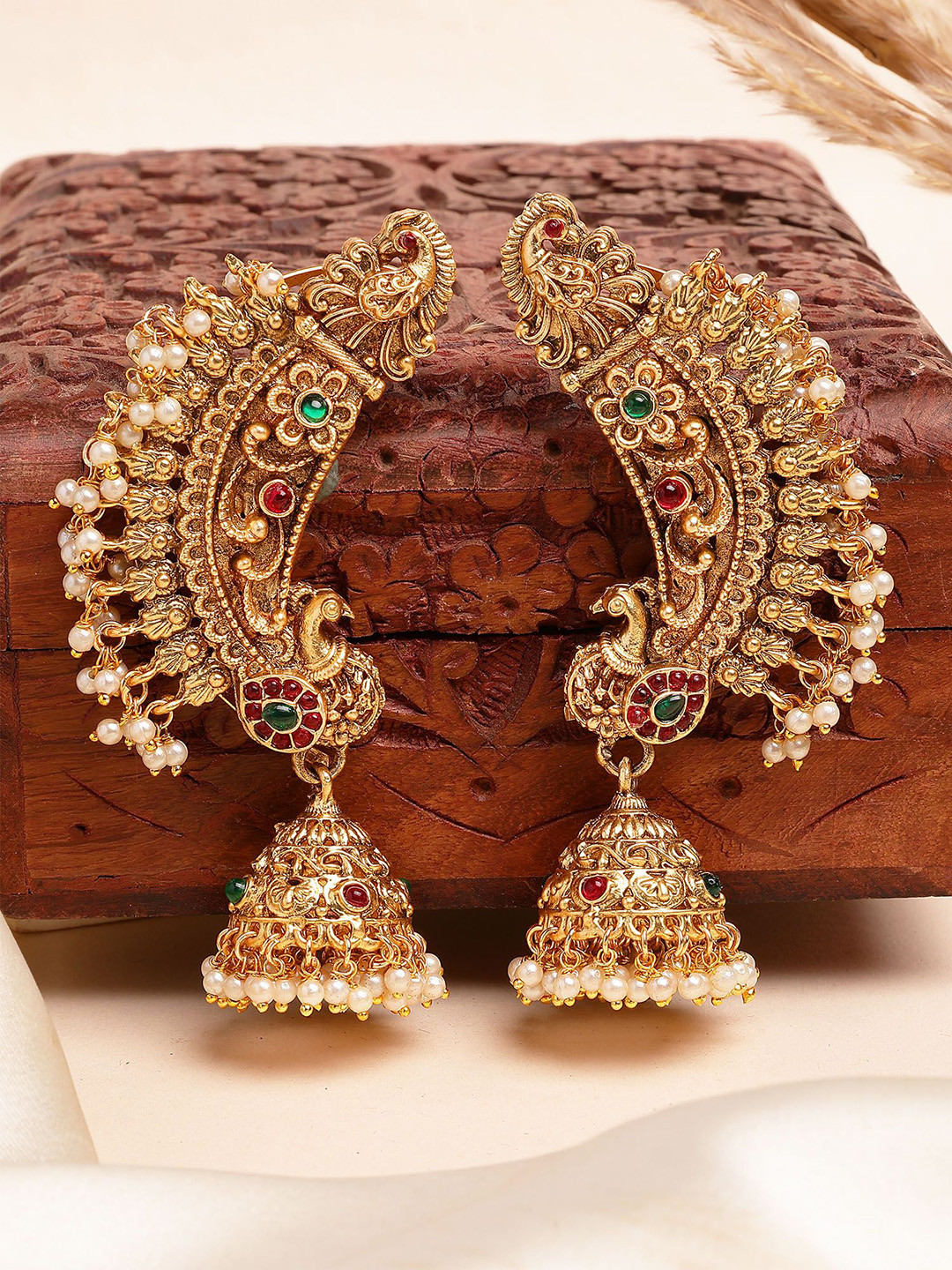 KARATCART Gold-Plated Stone Studded & Beaded Peacock Design Jhumkas