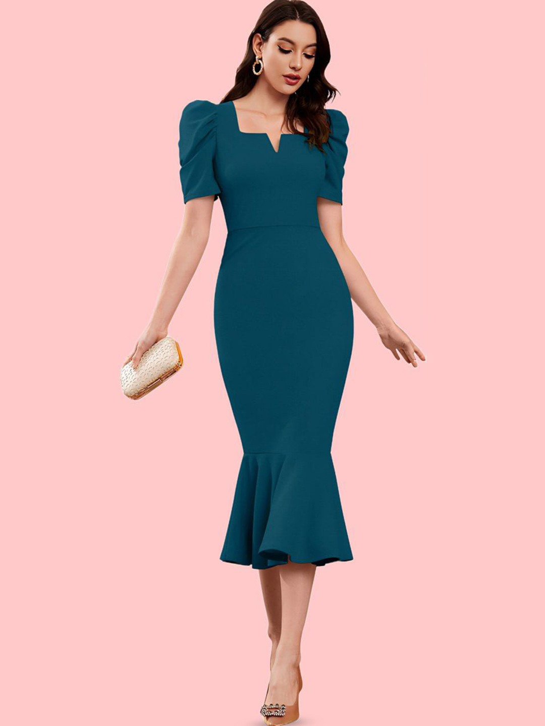 Moda Rapido Puff Sleeve Square Neck Sheath Midi Dress