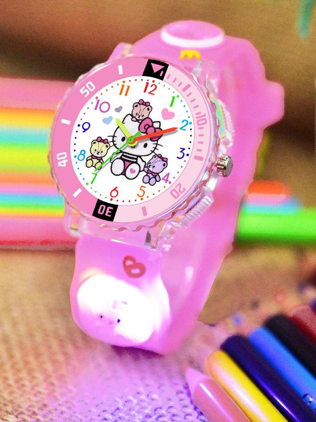Shocknshop Girls Patterned Dial & Straps Analogue Watch 334 Kitty LightPink