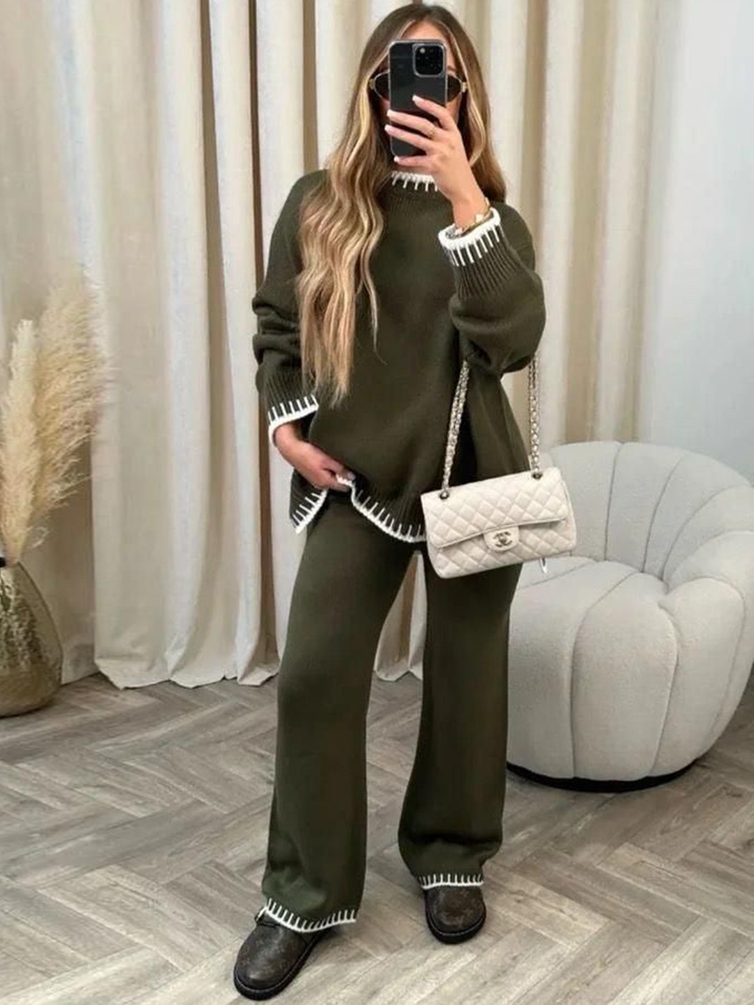 Miss Mosa By Akanksha  High Neck Pure Wool Palmer Knitted Top With Trousers