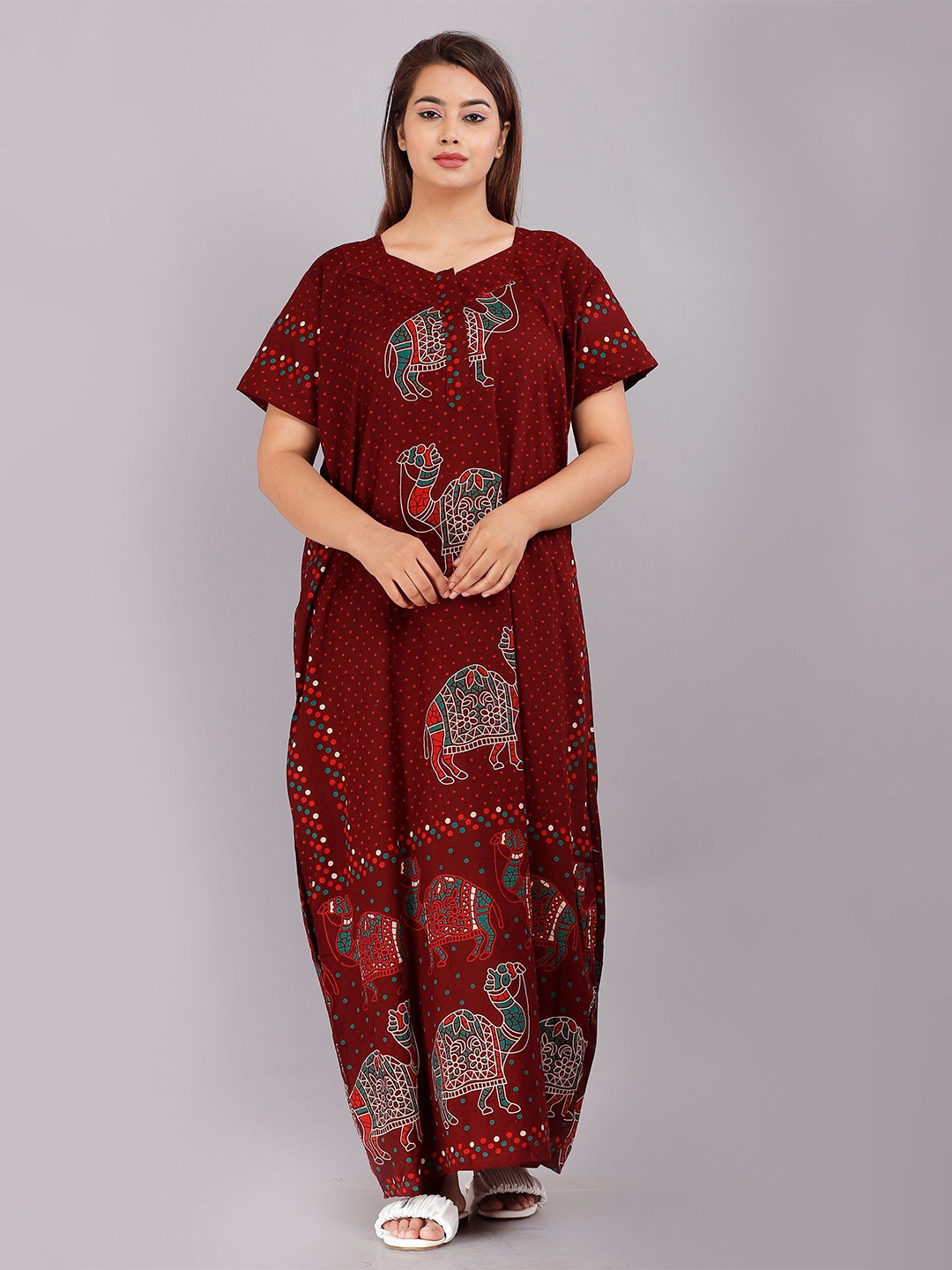 PR PINK ROYAL Women Animal Printed Pure Cotton Maxi Nightdress