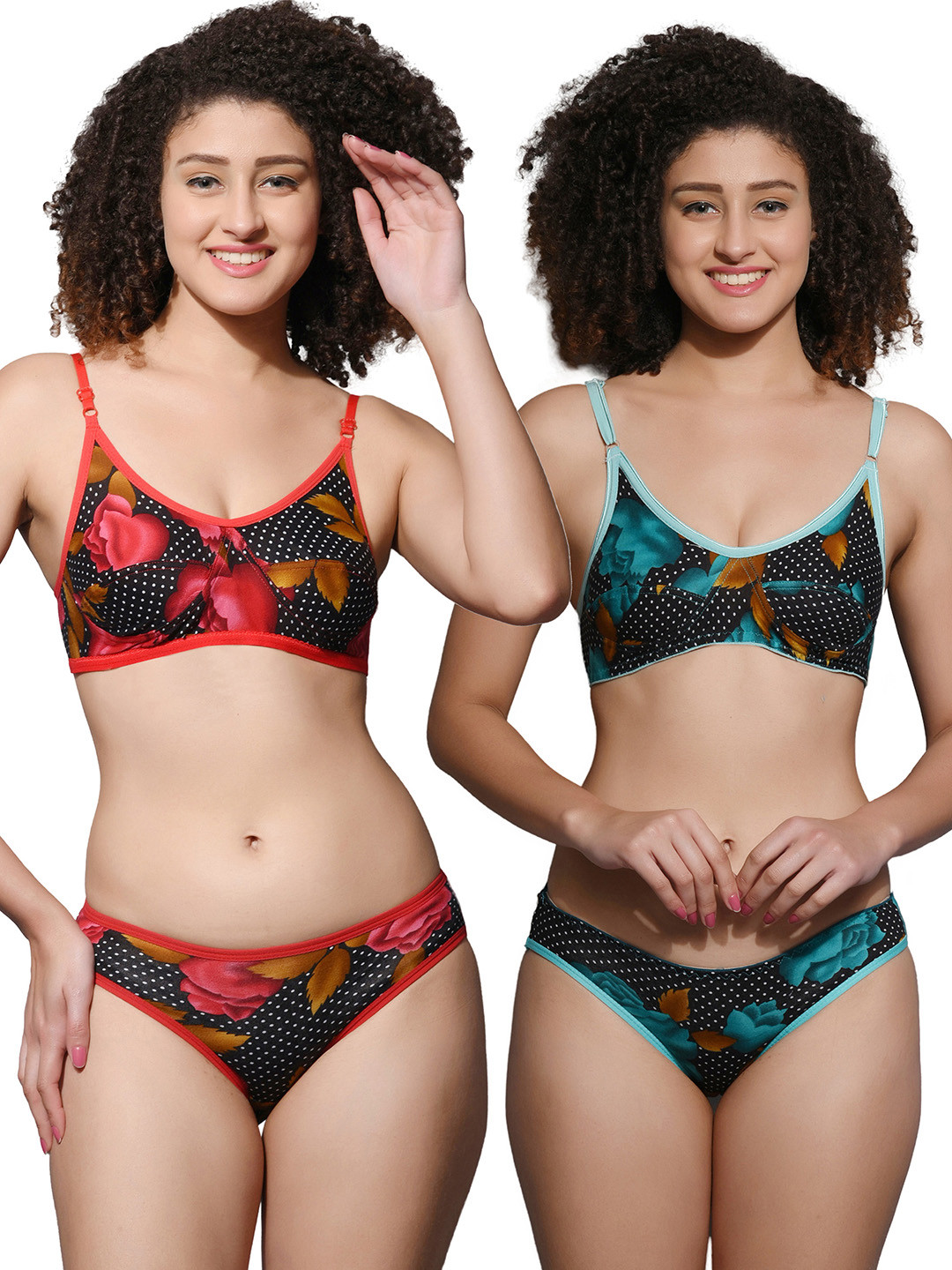 Fihana Women Pack Of 2 Printed Cotton Shoulder Straps Lingerie Set HNP-444-RED-GRN-30B