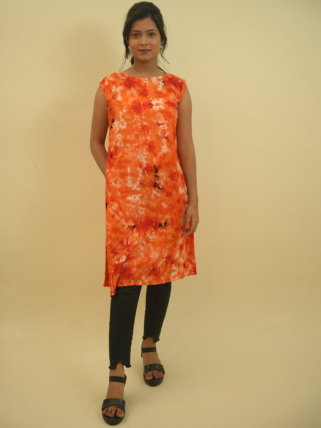 GO BOUJEE Abstract Printed Boat Neck Pure Cotton Straight Kurta