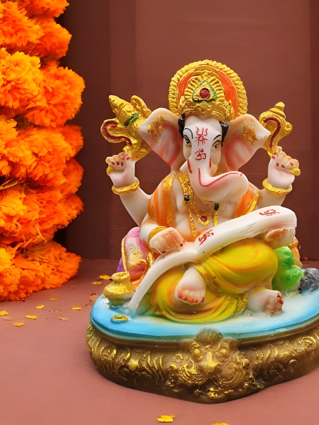 Vrinban International Ganesha Yellow Marble Metallic Prayer Room Medium Showpiece -
