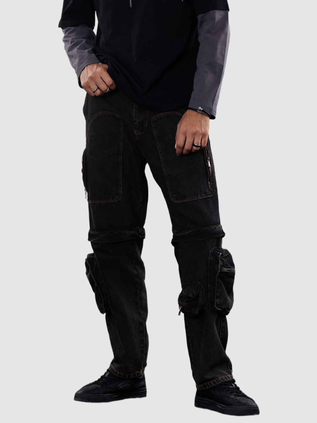 Snitch Revolution Men Grey Plain Baggy Fit Washed Detachable Cotton Cargo Jeans