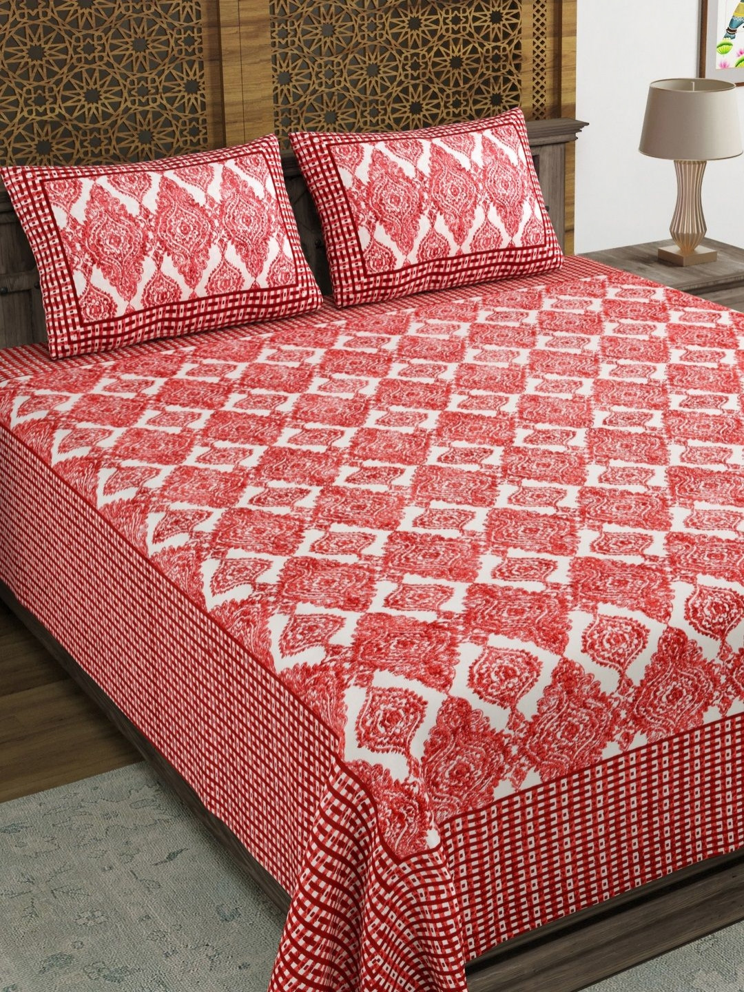 Myntra Elegant Homes Maroon Ethnic Motifs Pure Cotton 144 TC King Bedsheet with 2 Pillow Covers-108 x 100 inches