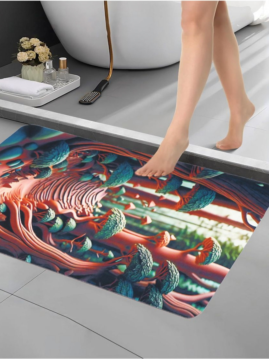 Aura Red & Blue Printed Anti Skid Bath Rug