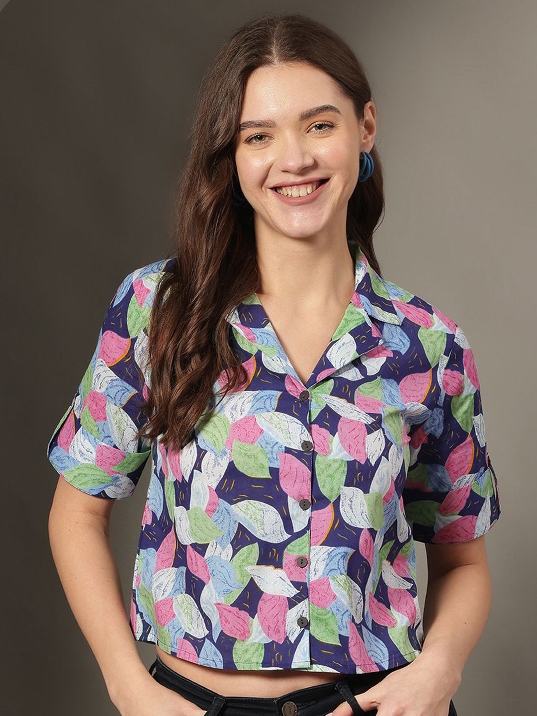 JANAKDULARI CREATION Women Floral Print Cotton Shirt Style Crop Top