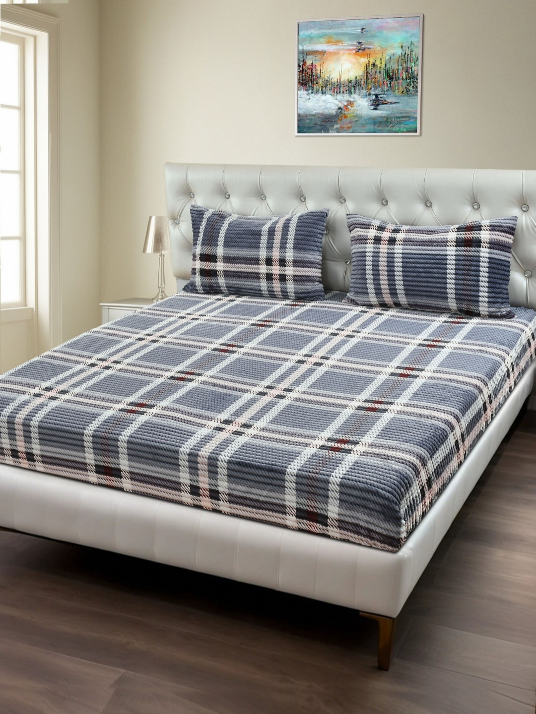 MORADO Grey Melange Geometric Wool 210 TC Fitted Single Bedsheet with a Pillow Cover-91 x 182 x 20 cm