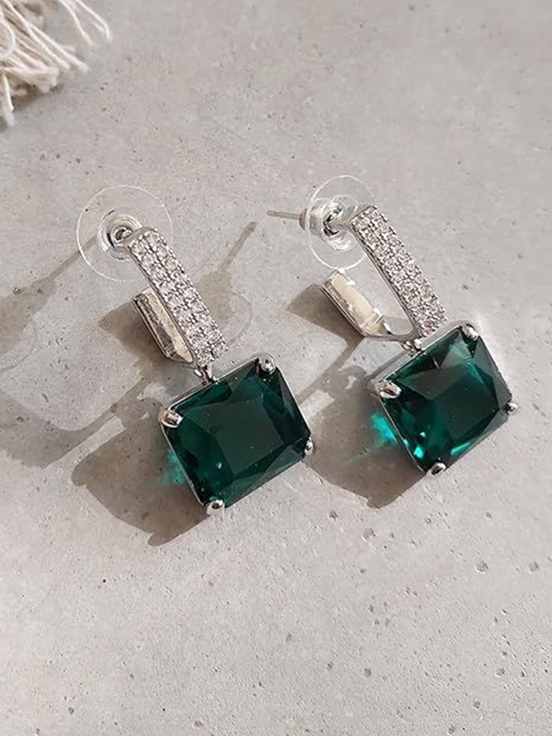 ISHI New York Rhodium-Plated Emerald Sparkle Earrings