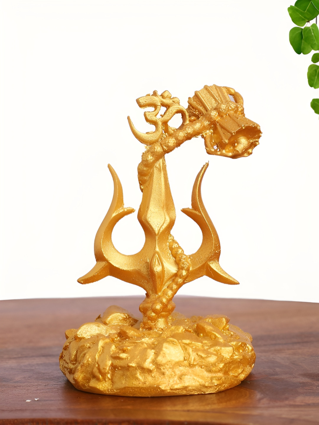 INTERNATIONAL GIFT Trishul With Om And Damru Gold Polyresin Metallic Prayer Room Small Showpiece - 2.5 Inches