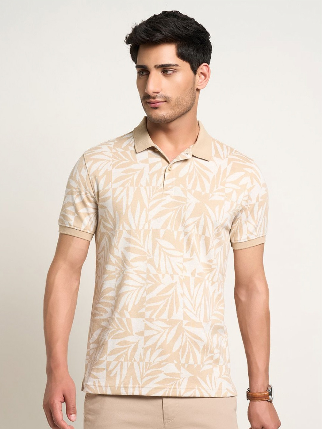 Peregrine by Pantaloons Men Floral Printed Polo Collar Cotton Slim Fit T-shirt