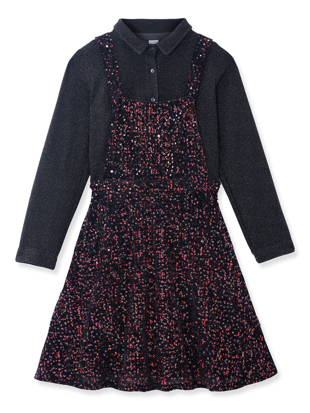 Hola Bonita Girls Embellished Velvet Pinafore Dress with Shimmered Collared Top