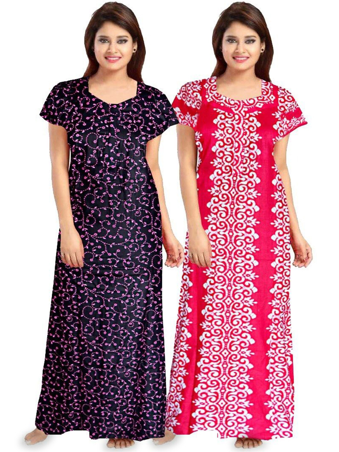 PR PINK ROYAL 2 Pack Ethnic Motifs Printed Cotton Maxi Nightdress