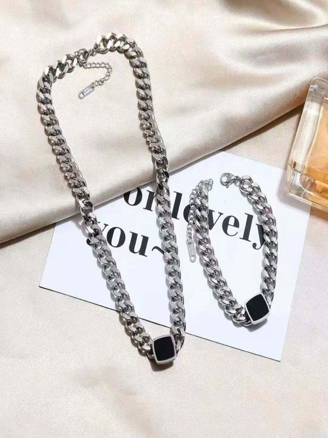 AQUASTREET Men 18k Silver-Plated Onyx Studded Necklace And Bracelet