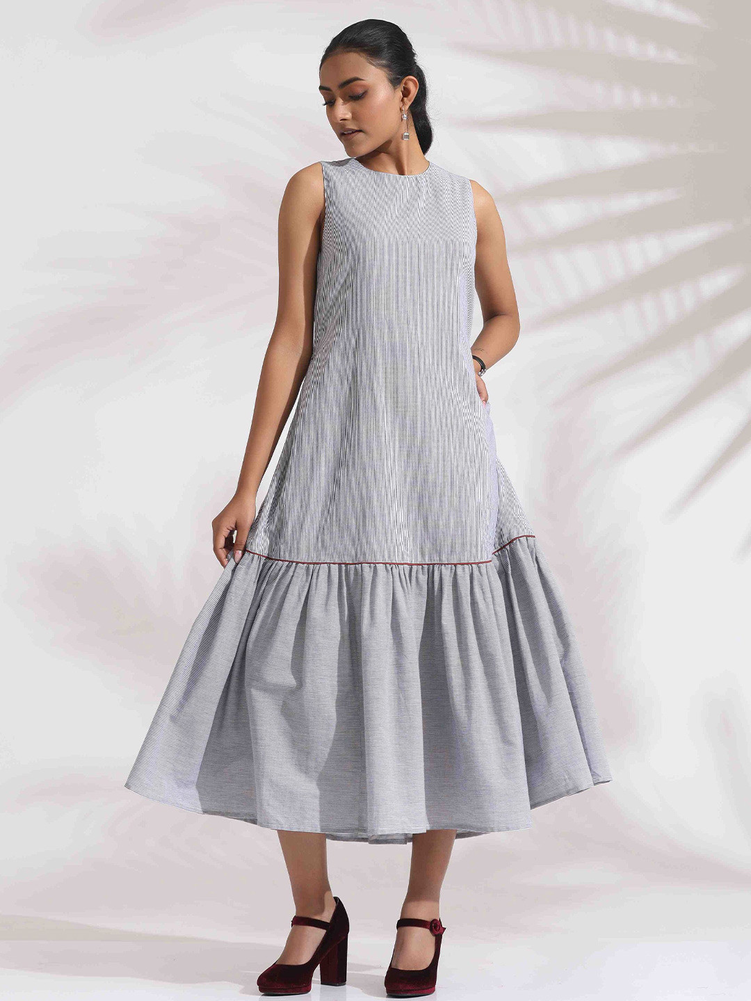 trueBrowns Women Grey Cotton Stripe Tier Dress