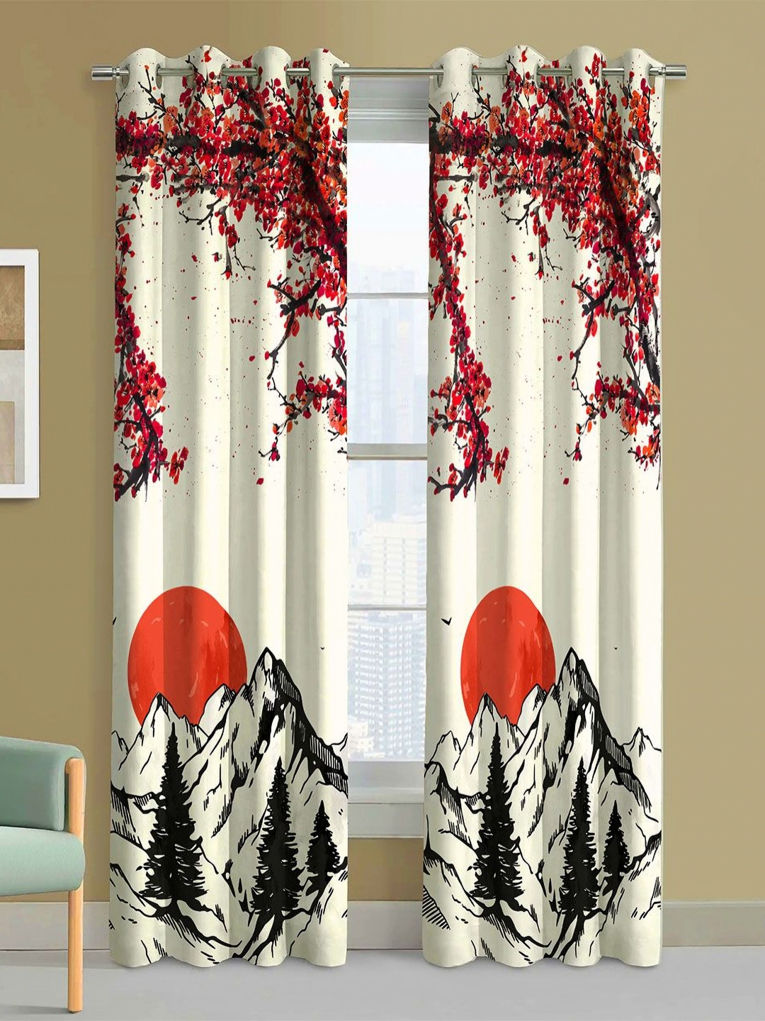 Steve & Anderson Aura Set of 2 Aura Red And Beige Floral Printed Long Door Curtain (9Feet)