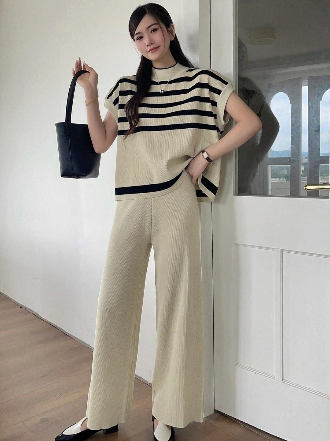 Miss Mosa By Akanksha  Beige Matsel Ribbed Summer Co-Ord Set