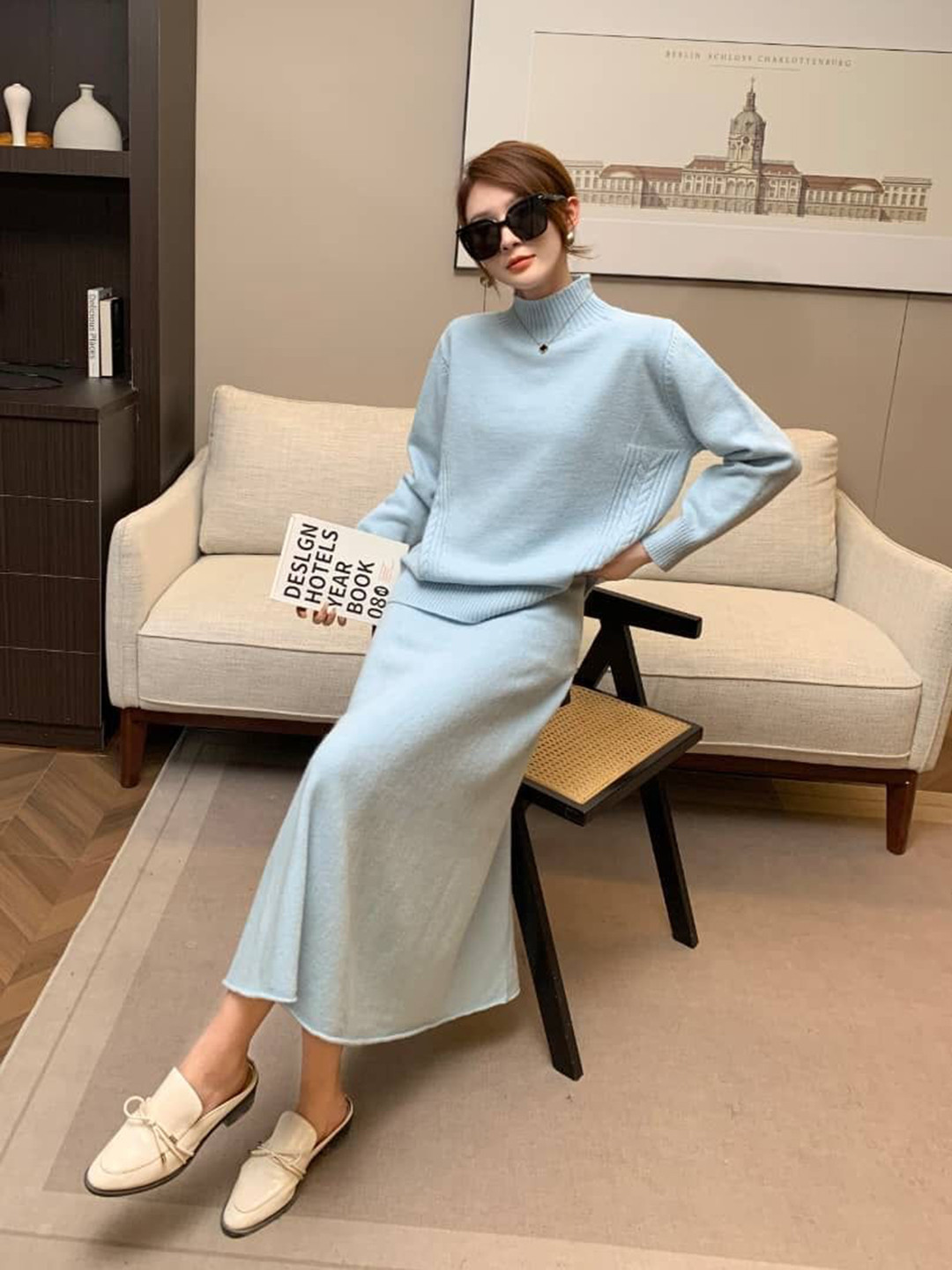 Miss Mosa By Akanksha  Blue Cassidy Winter Woollen Co-Ord Set-Set Of Sweater And Skirt