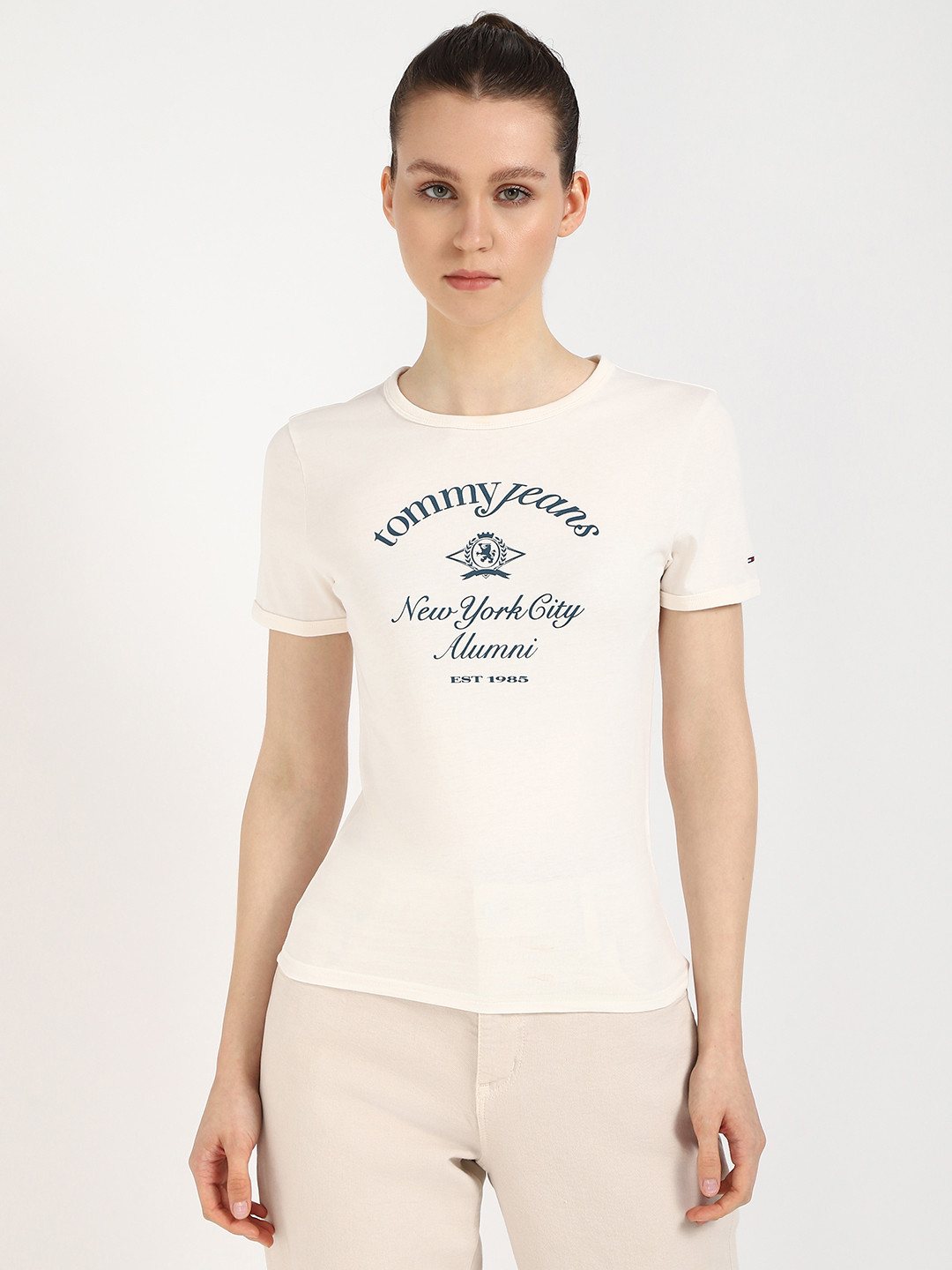 Tommy Hilfiger Women Typography Printed Round Neck Cotton Slim Fit T-shirt