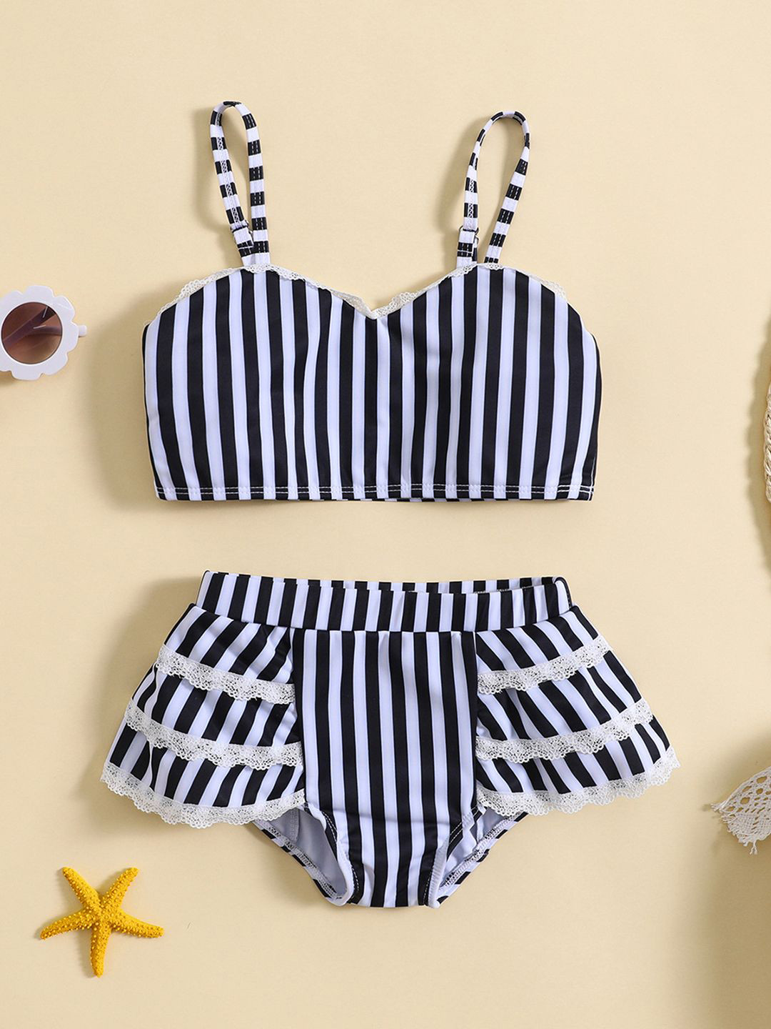 YK Girls Striped Shoulder Straps Swim Bikini Set