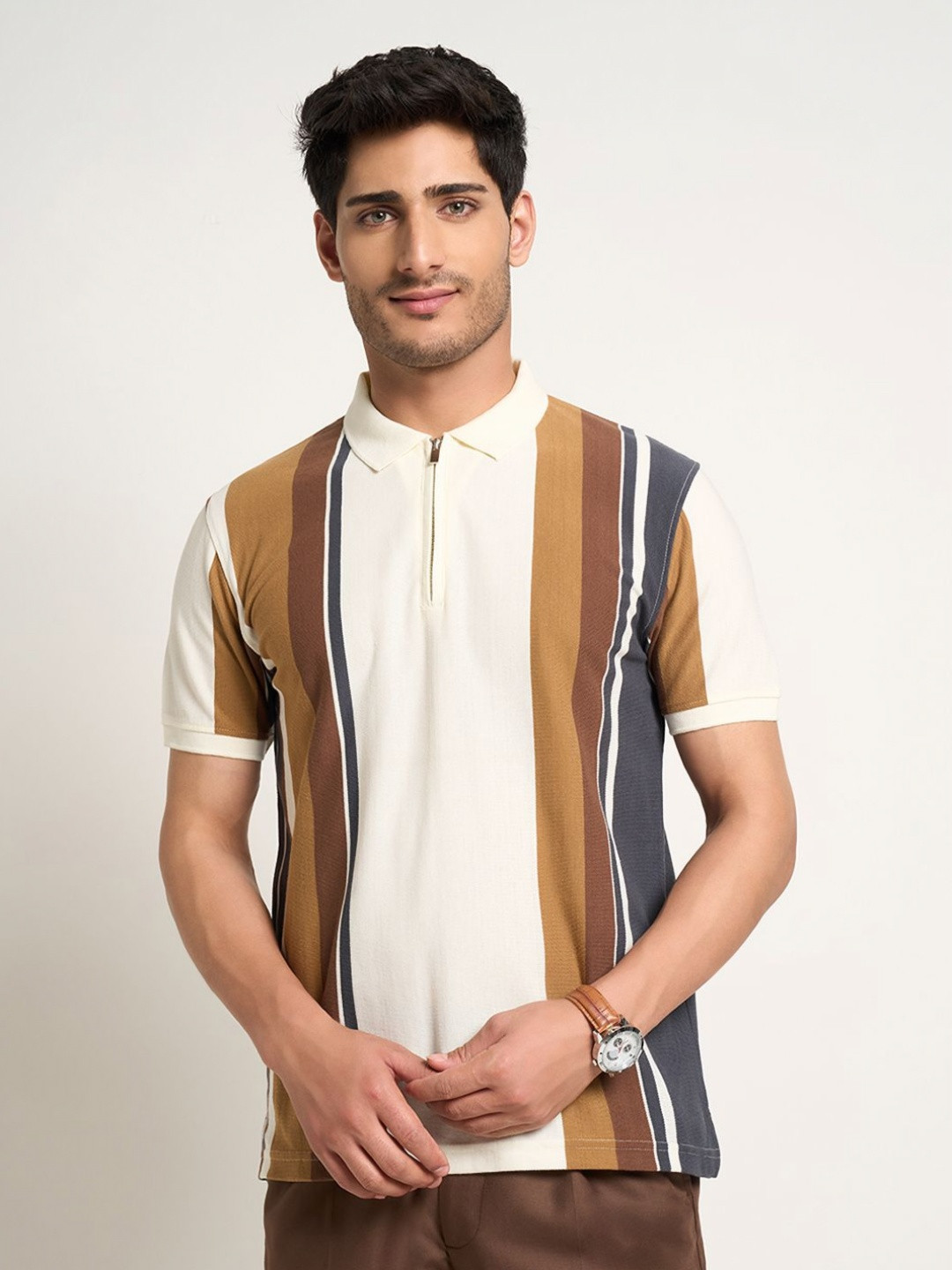 Peregrine by Pantaloons Men Striped Polo Collar Cotton Slim Fit T-shirt