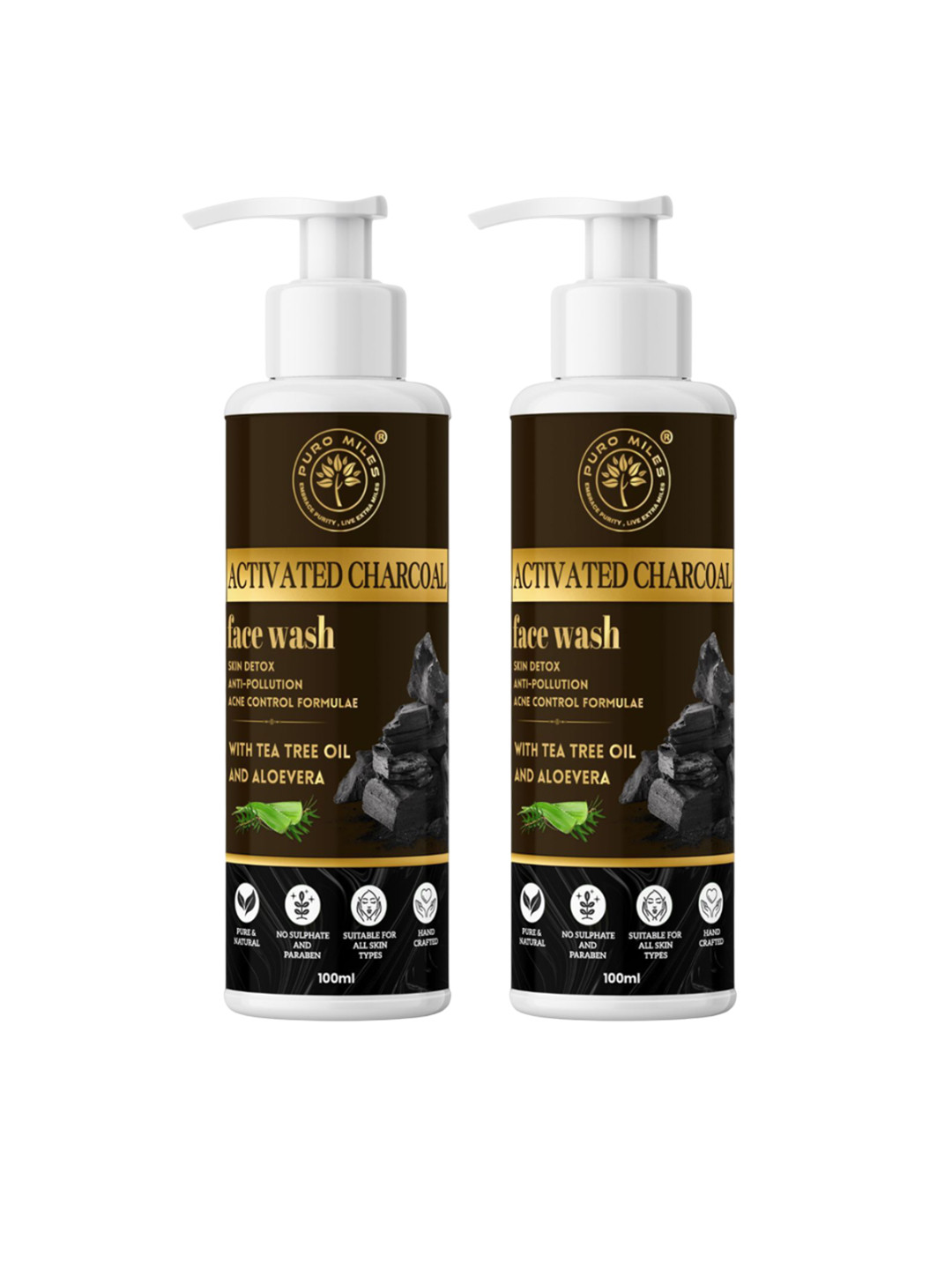 Puro Miles Set Of 2 Activated Charcoal With Tea Tree Oil & Aloe Vera Face Wash 100 ml Each
