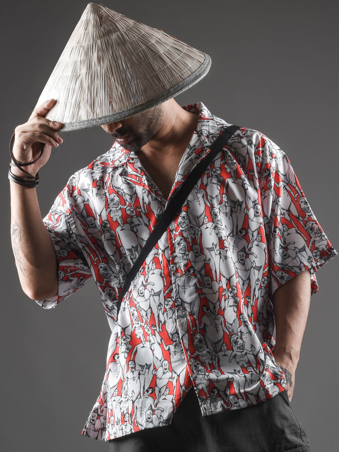 Xenpachi Men Attack on Titan Anime Run Printed Oversize Drop Shoulder Hawaiian Shirt