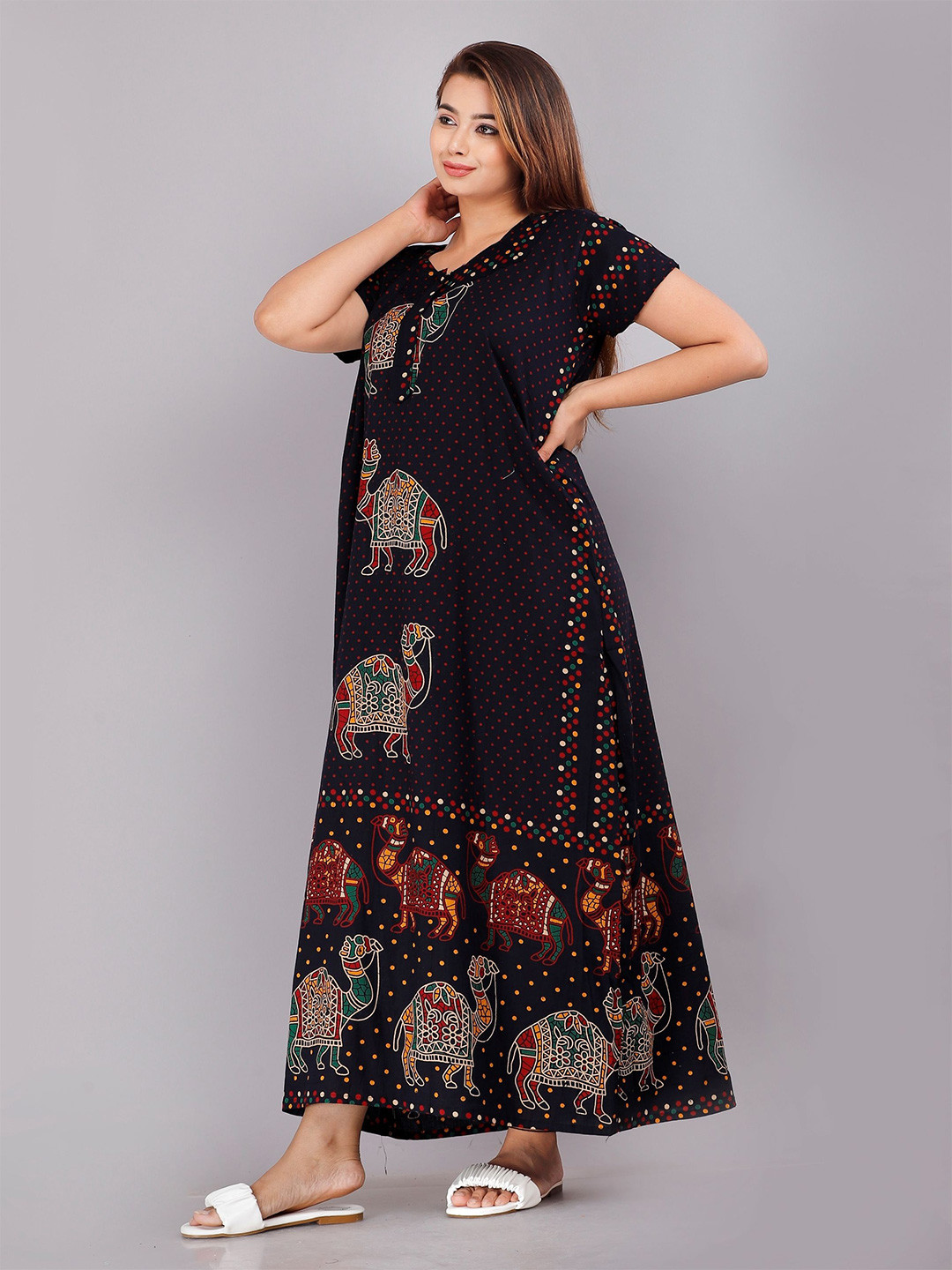 PR PINK ROYAL Women Animal  Printed Pure Cotton Maxi Nightdress