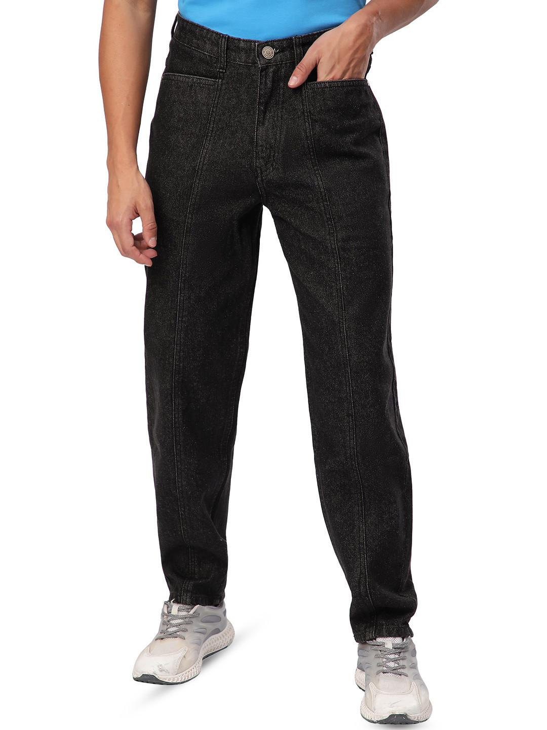 Beyoung Men Light Fade Black Cut and Sew Baggy Fit Cotton Jeans