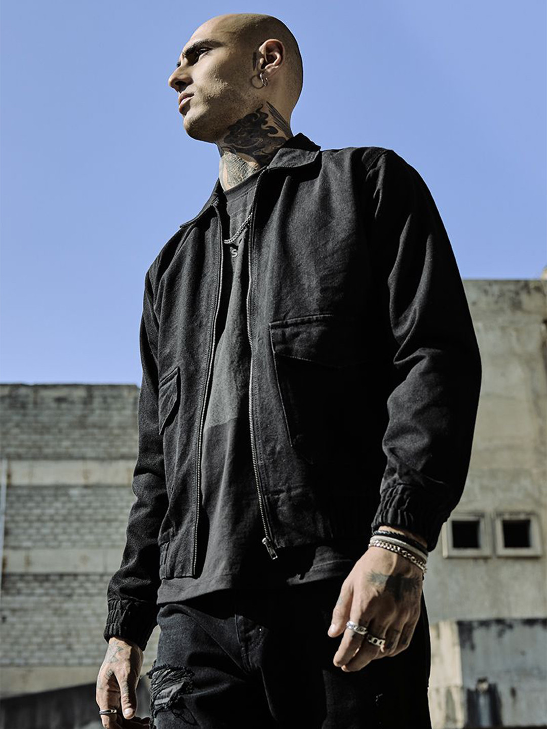 Snitch Men Revolution Solid Pure Cotton Utility Pockets Denim Jacket